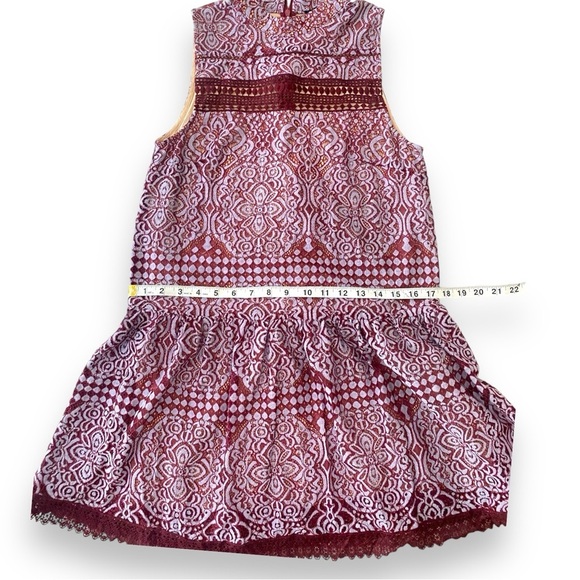 Lulus Belrose Sleeveless Mock Neck Burgundy Lavender Lace Mini Drop Waist Dress - Picture 5 of 12
